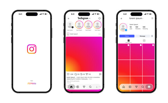 Instagram 2026 template app screens on Apple Iphone mockup set. Editorial Vector.
