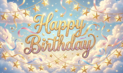 Obraz premium Golden Happy Birthday text shines brightly amidst a whimsical sky scene with fluffy clouds, surrounded by star garlands and colorful ribbons, celebrating a birthday.