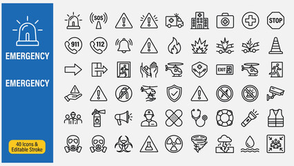 Emergency web icons in line style. Evacuation, emergency hotline, exit, SOS emergency call, ambulance, help, collection. Editable stroke.  Vector illustration.  © Taspriya