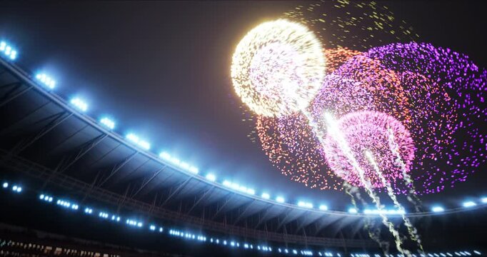 Soccer Championship Stadium Game Start Teams Ready. Opening Ceremony Match Beginning with With Fireworks for a League Cup World. Wide Aerial Angle Flying around Pyrotechnics, Field and Crowd.