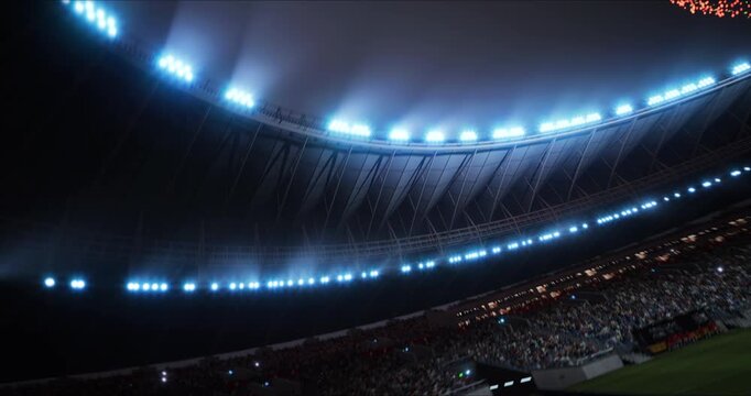 Football Championship Stadium Game Start Player Ready in Line, Fireworks Explode. Opening Ceremony Match Beginning of League Cup World. Aerial Angle Flying around Firework, Field, Crowd