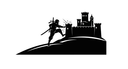 Obraz premium Silhouette of a ninja attacking a castle on a hill, dynamic action, stealth, and combat.