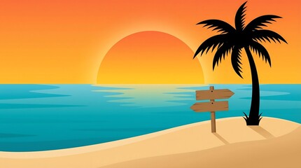 Fototapeta premium Modern Flat Vector Tropical Beach Sunset Landscape Background
