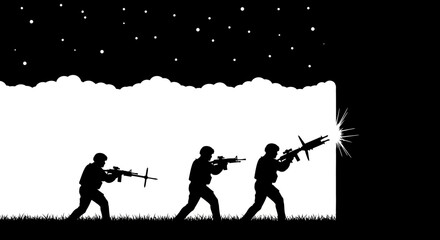 Naklejka premium Silhouette Soldiers Firing Rifles in Night Battle Scene with Stars and Smoke