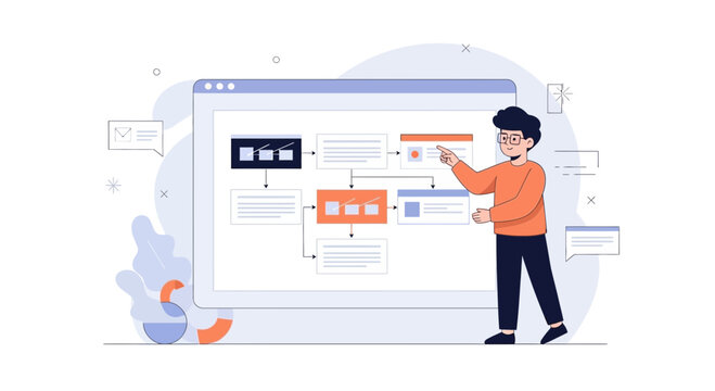 Man pointing at flowchart on screen, business process, workflow, strategy, planning, presentation
