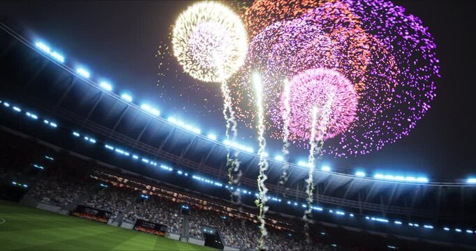 Football Championship Stadium Opening Ceremony Launches Soccer League Cup World Match Game With Booming Fireworks at Kick-off Before Play. Wide Aerial Angle Arc Camera Movement of Arena