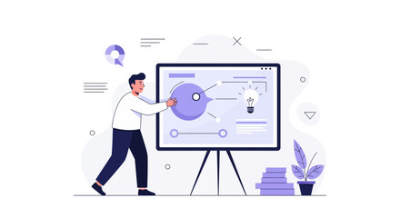 Obraz premium Man presenting business strategy on a whiteboard with lightbulb and flowchart
