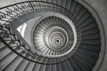 Fototapeta premium Spiral staircase, architectural design, black and white, intricate, perspective