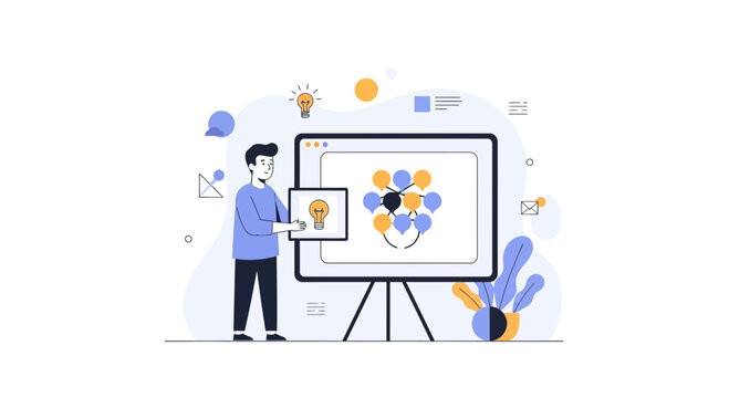 Man presenting idea with lightbulb and network diagram on screen