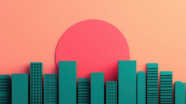 Geometric city on horizon line, minimalist architectural pattern