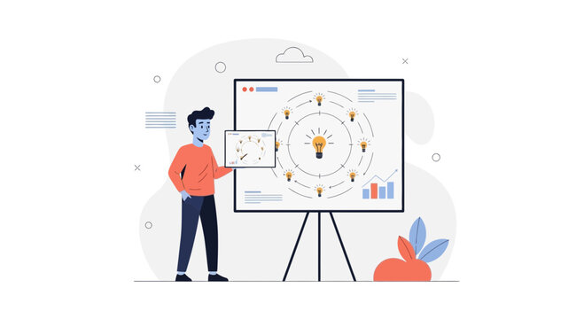 Man presenting innovative ideas on a whiteboard with a circular flow chart of lightbulbs