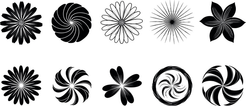 Black and White Floral Icon Set Featuring Geometric Flower Silhouettes Mandalas and Minimalist Botanical Elements for Pattern Design Logo Creation and Decorative Graphics