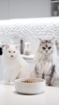Two fluffy Maine Coon cats sitting near a bowl of dry kibble in a bright modern kitchen
