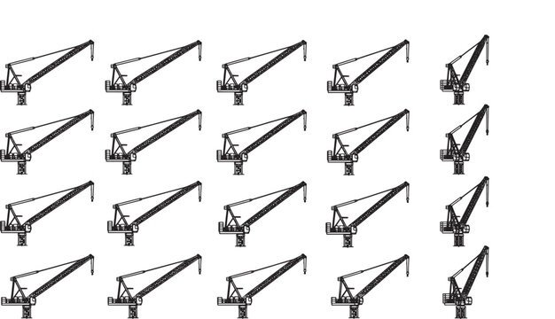 Array of cranes stand side by side, creating a sense of powerful and dynamic industry activity. The monochrome of cranes convey a sense of modern construction and engineering.