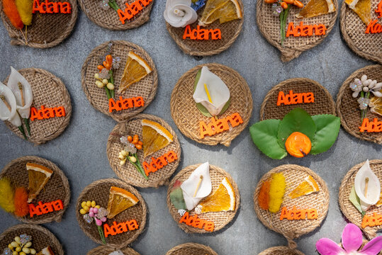 Adana Themed Souvenir Magnets with Traditional Orange Designs Top View