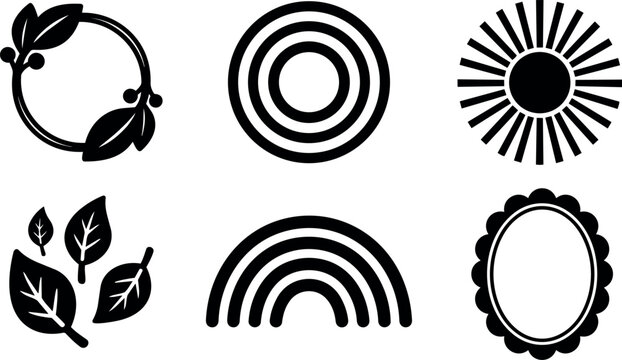 Black and white leaves wreath rainbow sunburst circle and scalloped oval frames vector art