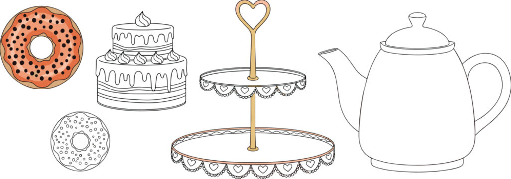 Tea time dessert set with teapot, cake stand, donuts and layered cake vector illustration outline and colored bakery elements