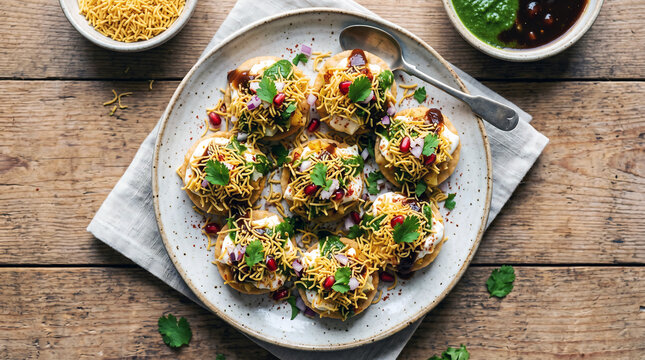 Papdi chaat served on a rustic plate with chutney and pomegranate seeds captured from an overhead angle on a wooden surface with a metal spoon