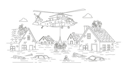 Obraz premium Flood Rescue: Helicopter Saves People from Flooded Houses with Cars Submerged