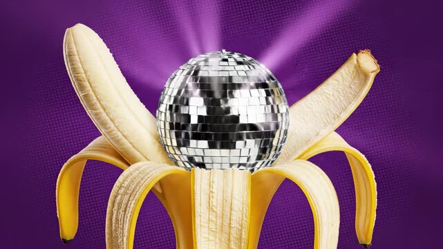 Peeled banana transforms into sparkling disco ball. Fruit replaced by reflective sphere. Vibrant purple background with radiating light creates fun party atmosphere.