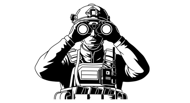Soldier with Binoculars Looking Ahead, Military Surveillance, Strategic Vision, Tactical Observation