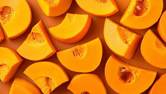 Colorful Pumpkin Slices and Wedges Flatlay with Bright Orange Flesh and Seed Cavity Textures
