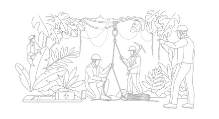 Obraz premium Team of explorers in jungle setting up camp with winch and supplies