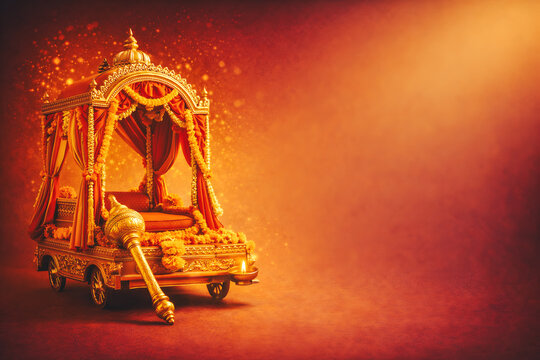 Ornate ceremonial palanquin with floral garlands and oil lamp on glowing festive background