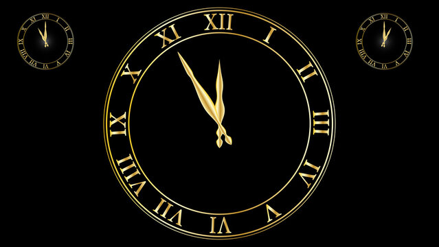 Modern wall clock with silver hands and minimalist markers isolated on black background.