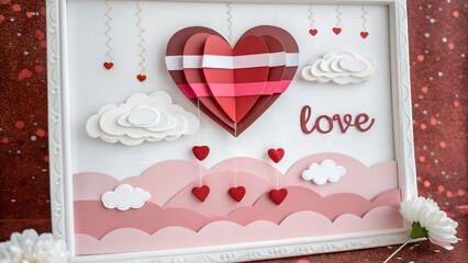 Obraz premium Heart-shaped balloon with clouds and love text, valentine, romantic, decoration, card
