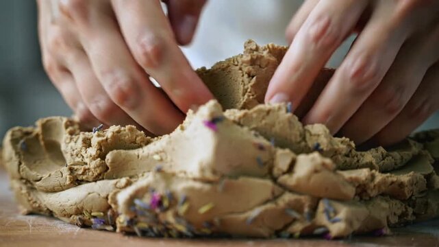 Pressing knuckles, woman hands shaping dough on board, embedding lavender, rose petals in white top