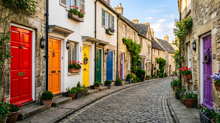 Fototapeta premium Pride Month Row of Colorful Rainbow Doors on Cobblestone Street in European Town Setting