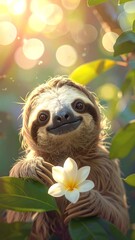 Fototapeta premium A sloth holding a white flower in a sunny forest