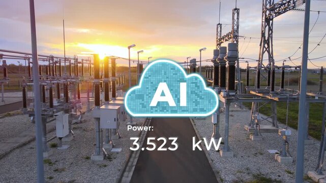 Electrical Power station generating electricity for AI data center, energy infrastructure and digital technology concept