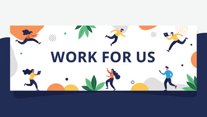 Fototapeta premium Vibrant recruitment banner titled WORK FOR US featuring energetic people jumping and running to join a dynamic team.