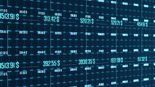 Financial figures, stock prices, blue data grid,  market data, spreadsheet. Growth, analyzing wealth, investment strategy, business, data processing, research, progress.