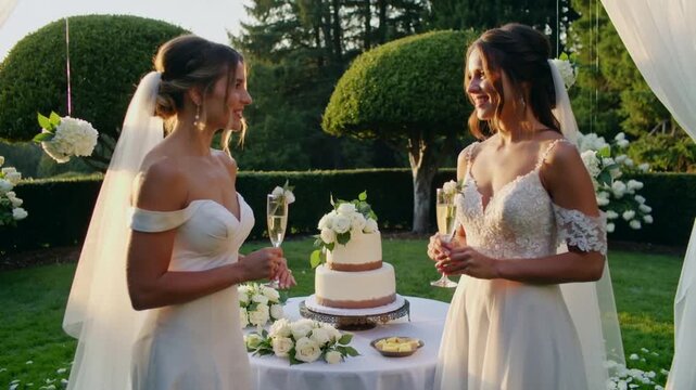 Smiling two brides in gowns and veils raising flutes at garden table, celebrating wedding with cake
