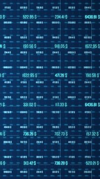 Financial figures, stock prices, blue data grid,  market data, spreadsheet. Growth, analyzing wealth, investment strategy, business, data processing, research, progress.
