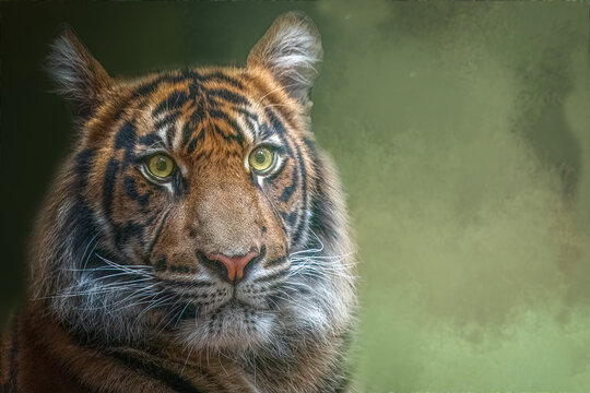 Sumatran tiger portrait with alert expression and green background with copy space