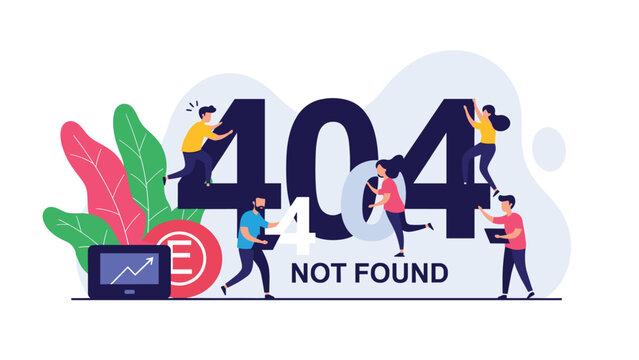 Digital error message 404 page not found concept with miniature characters fixing the broken website numbers and graph for web development.