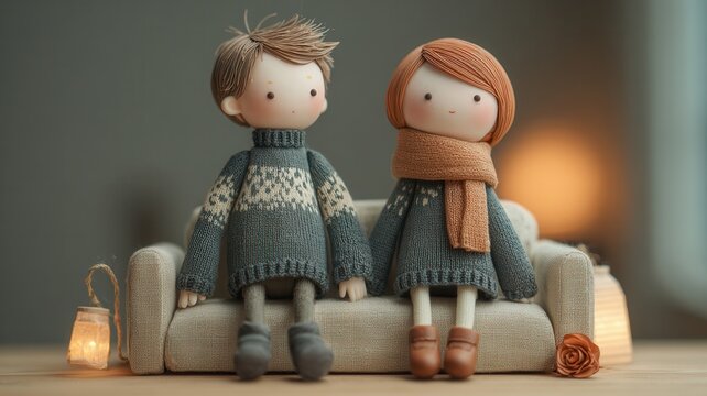 Handcrafted couple dolls sitting on miniature sofa representing love, cozy home, relationship, and togetherness
