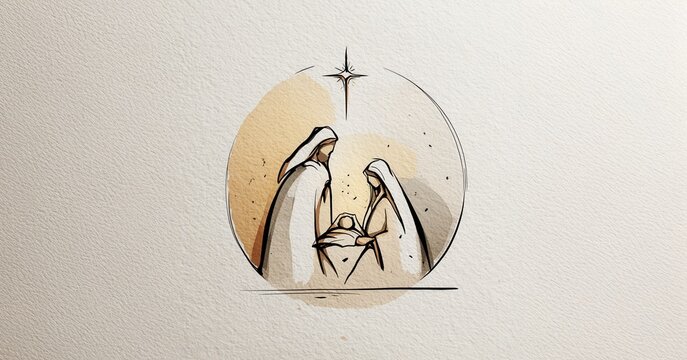 Simple watercolor and line art of the holy family enclosed in a circular frame, representing the sacred birth of jesus