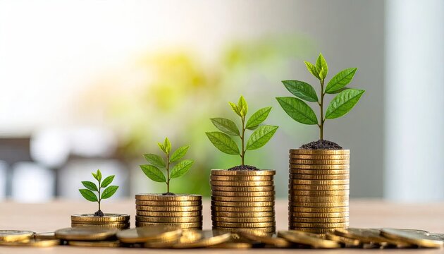Growing plants on stacked coins symbolizing financial growth and investment