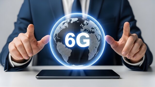 Future of Connectivity: Businessman Interacting with 6G Network Hologram over Digital Tablet