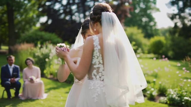 Beginning brides holding bouquet in garden, adjusting grip and sharing vows with veils and gowns