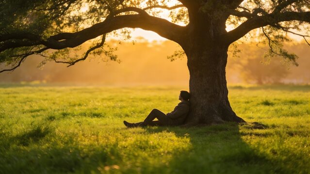 Person resting under tree in grassy field
