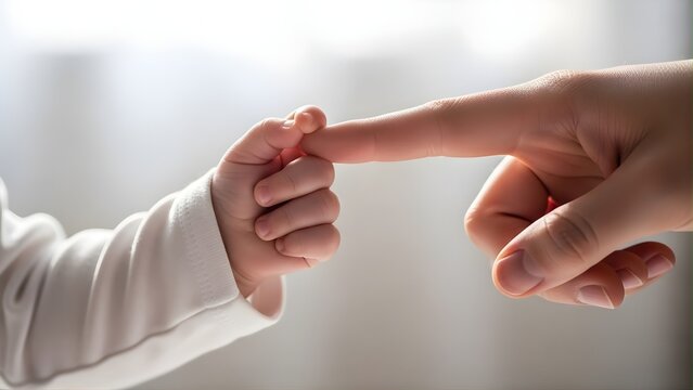 A close up view of a baby's tiny hand holding an adult's finger against a bright white background symbolizing love with captures tender moment