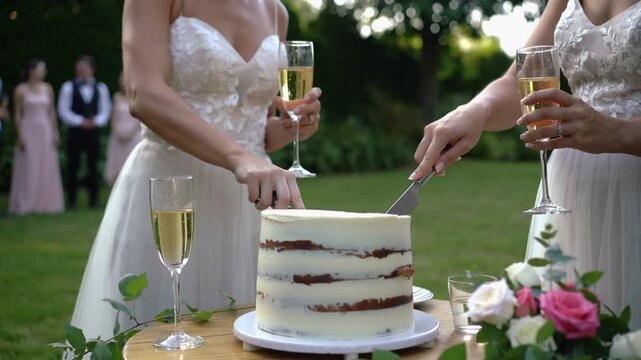 Holding flutes and knives, two brides in white gowns cutting cake on lawn, celebrating union