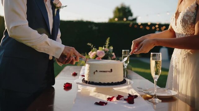 Placing knife, bride in white dress, groom in suit cutting wedding cake in garden celebrating