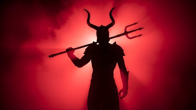 Silhouette of a figure wearing a horned mask and carrying a trident against a dramatic red background with captures black silhouette silhouette masked warrior